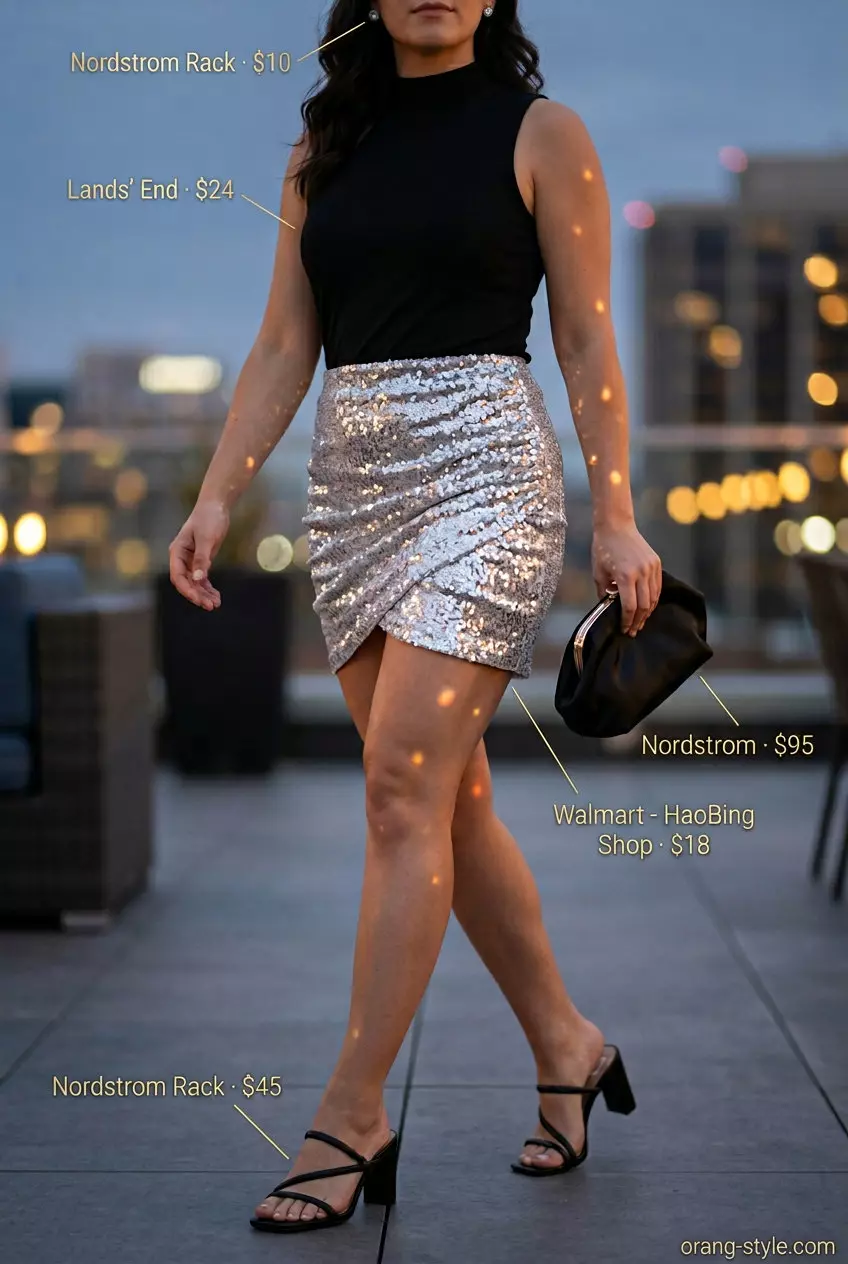 Silver sequin tulip skirt outfit for women 2026, glamorous for nights out and parties.