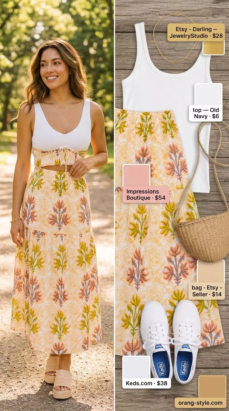 Multicolor floral tulip skirt outfit for women 2026, ideal for a summer picnic with white tank and sneakers.
