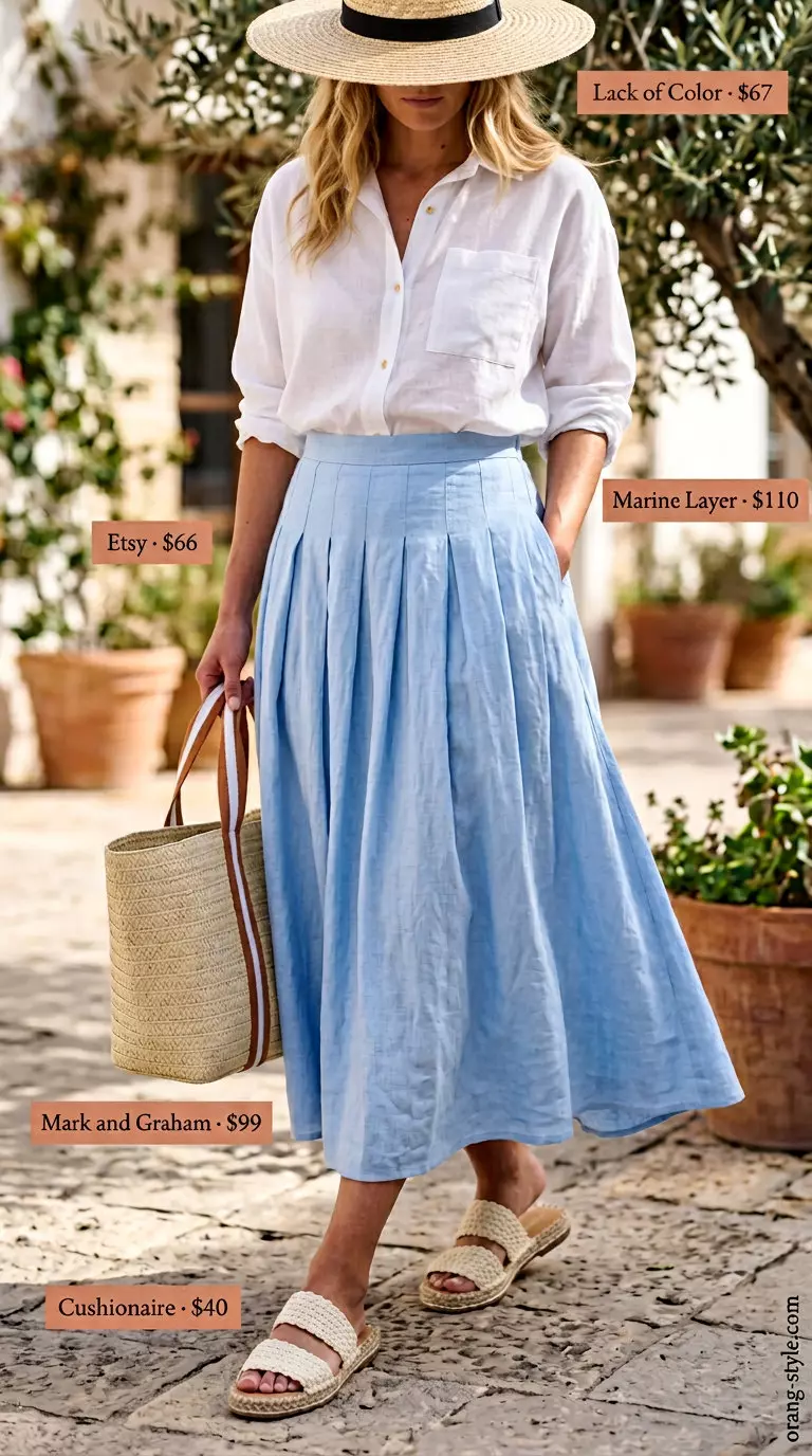 Light blue linen tulip skirt outfit for women 2026, ideal for vacation or beachside cafes.