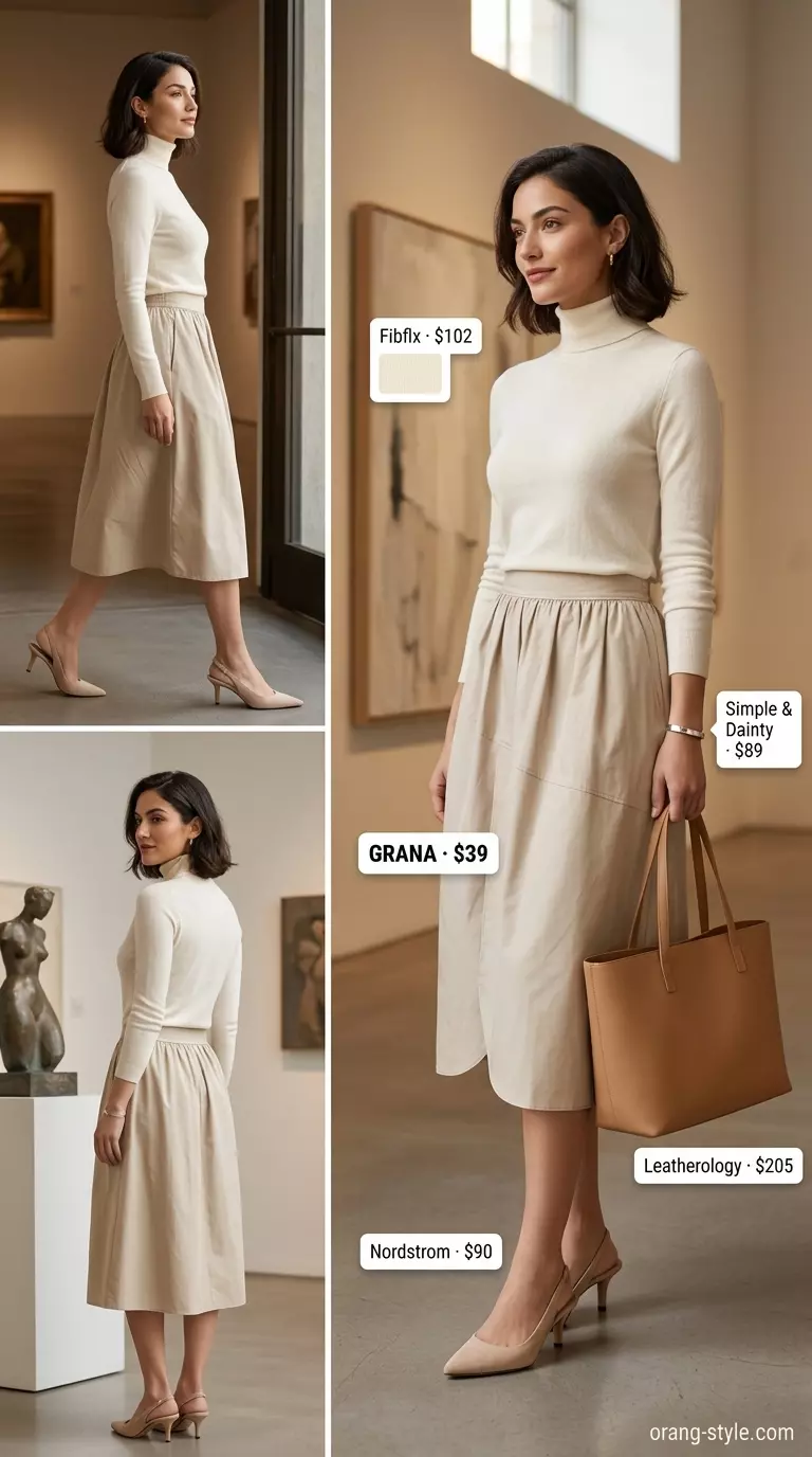 Summer Tulip Skirt Outfits for Women 2026: Beige tulip skirt, cream turtleneck, leather tote for minimalist business casual.