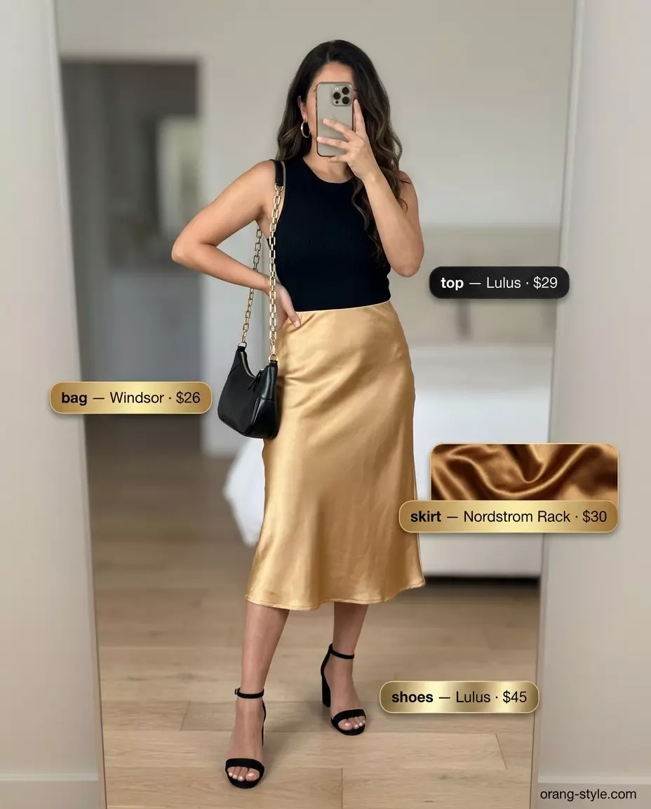 Mustard yellow tulip skirt outfit for women 2026, glamorous for evening out with black bodysuit and heels.