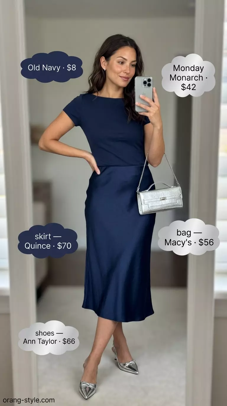 Navy blue tulip skirt outfit for women 2026, modern for office events with silver accessories.