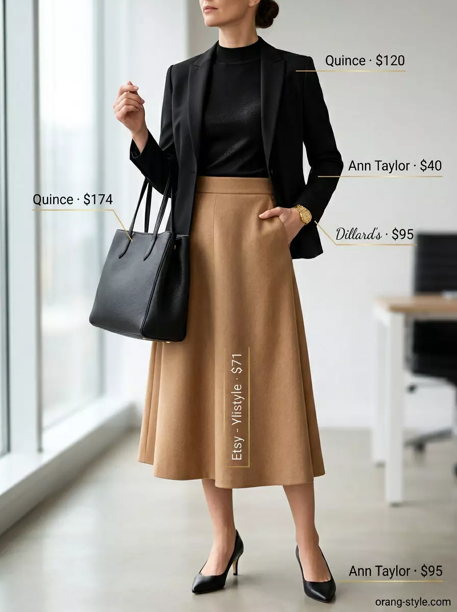 Summer Tulip Skirt Outfits for Women 2026: Camel tulip skirt, black mock neck top, blazer for office wear.
