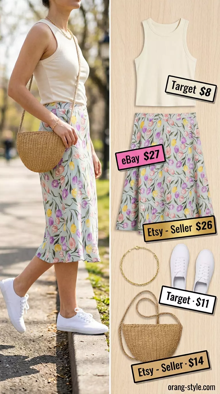 Pastel blue floral tulip skirt outfit for women 2026, sweet for a summer picnic with white sneakers.