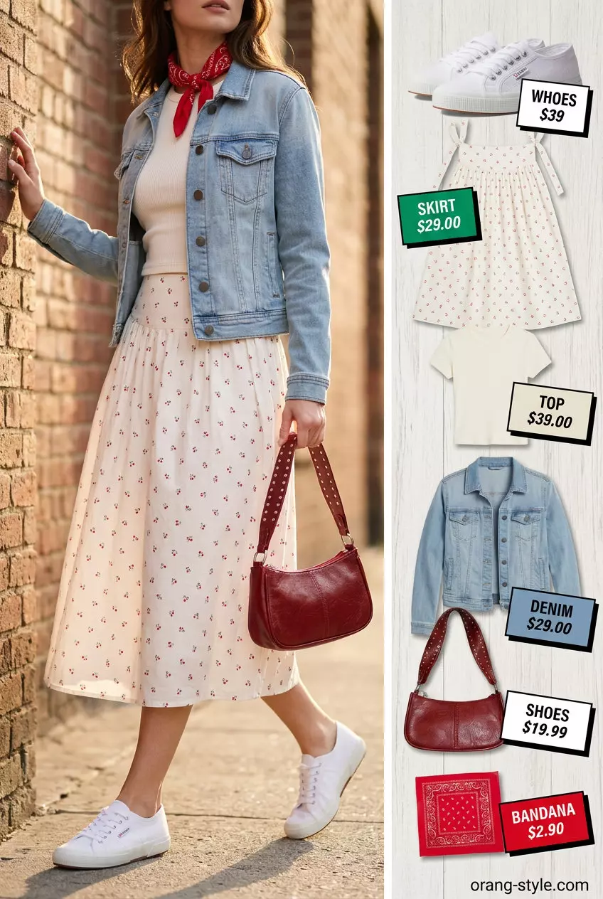 Summer Tulip Skirt Outfits for Women 2026: Cherry print tulip skirt, denim jacket, white tee for retro summer vibes.