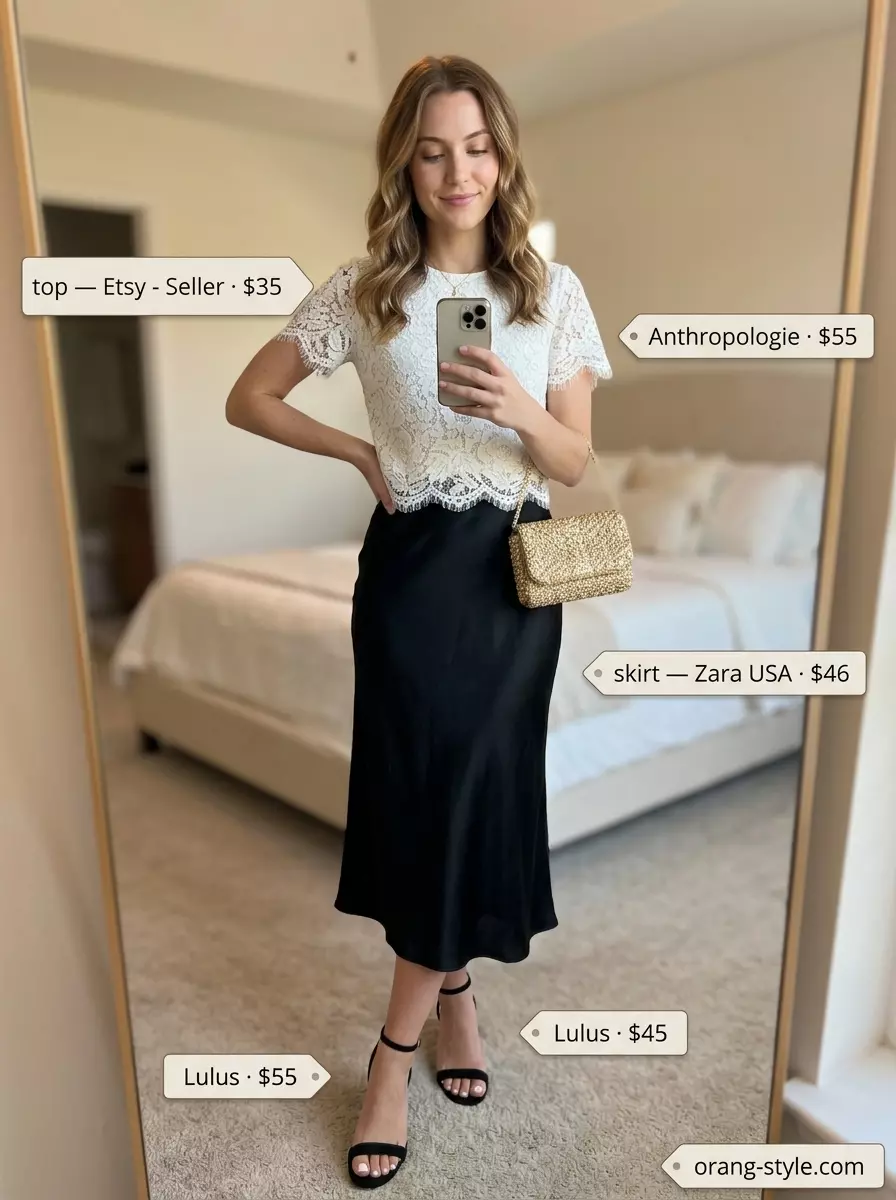 Summer Tulip Skirt Outfits for Women 2026: Black satin tulip skirt, ivory lace top, strappy heels for a sophisticated soiree.