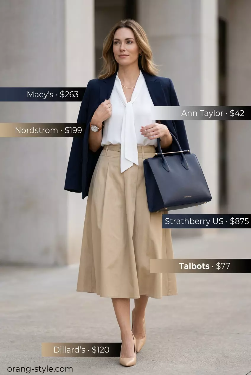 Khaki tulip skirt outfit for women 2026, polished and professional for the office.