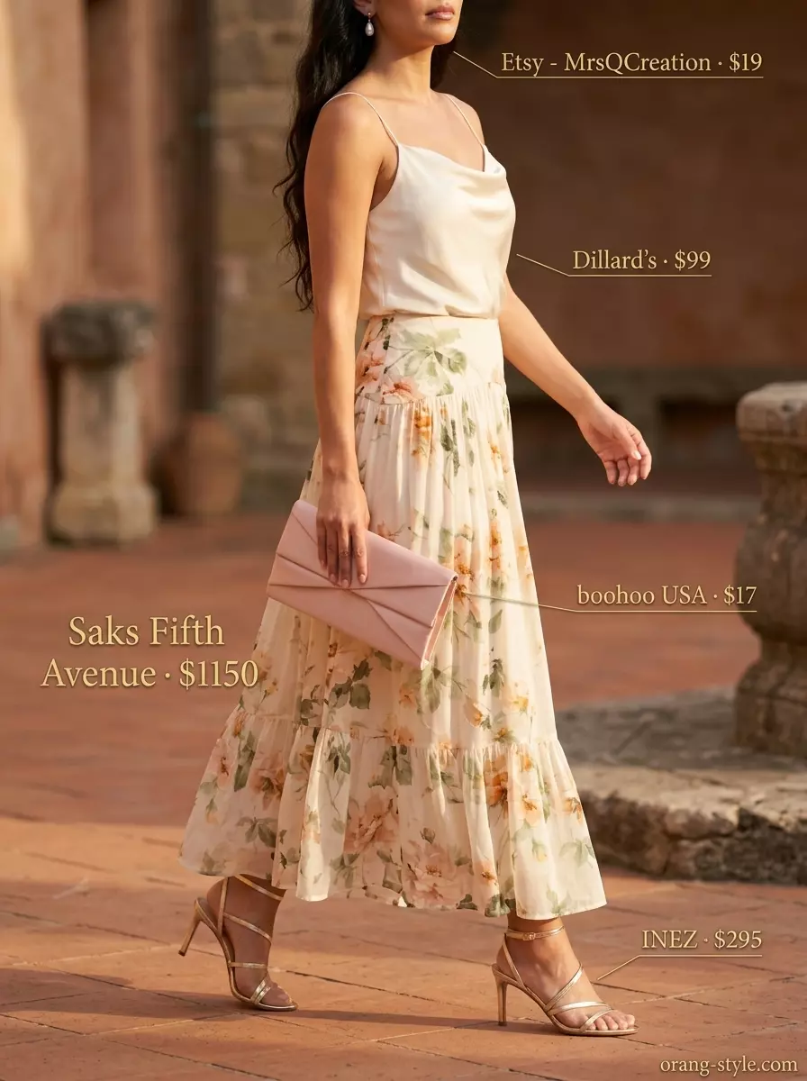 Coral floral maxi skirt outfit for women 2026, romantic for evening events and weddings.
