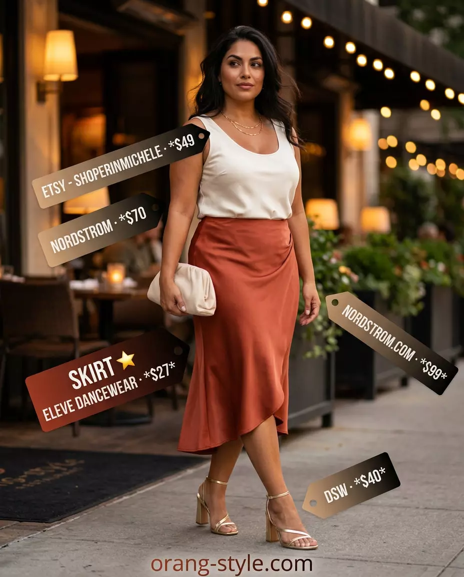 Terracotta tulip skirt outfit for women 2026, warm and sophisticated for evening gatherings.