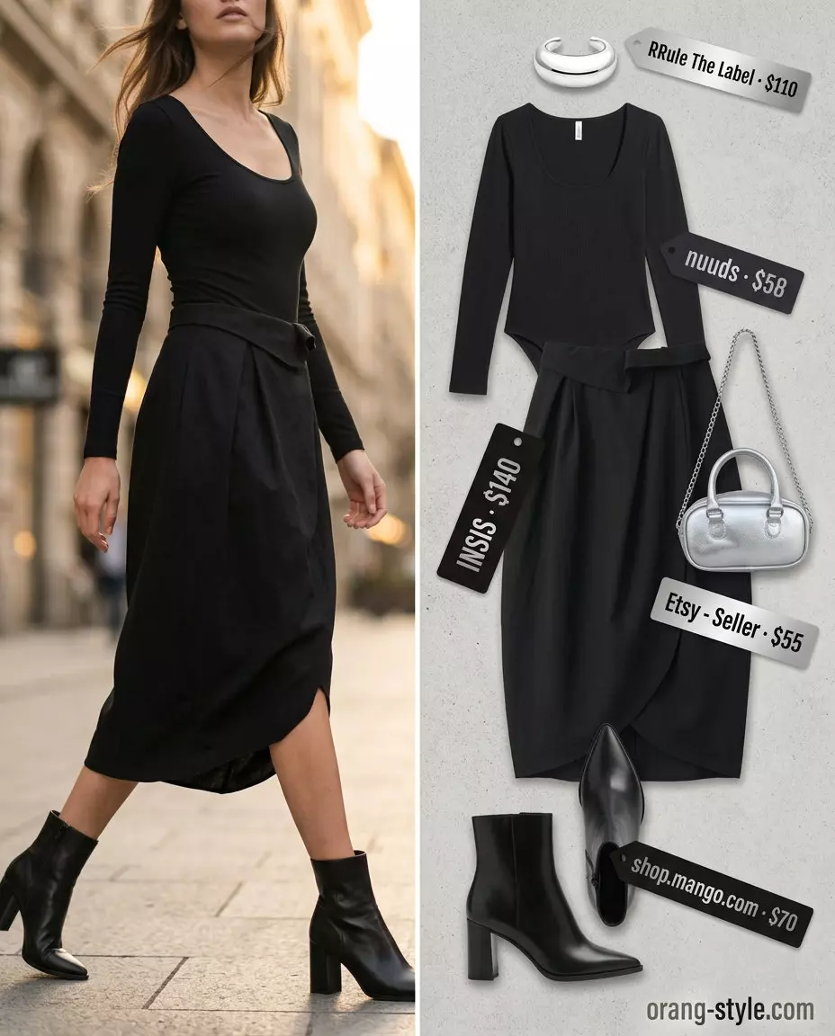 Black structured tulip skirt outfit for women 2026, edgy and sophisticated for evening out.