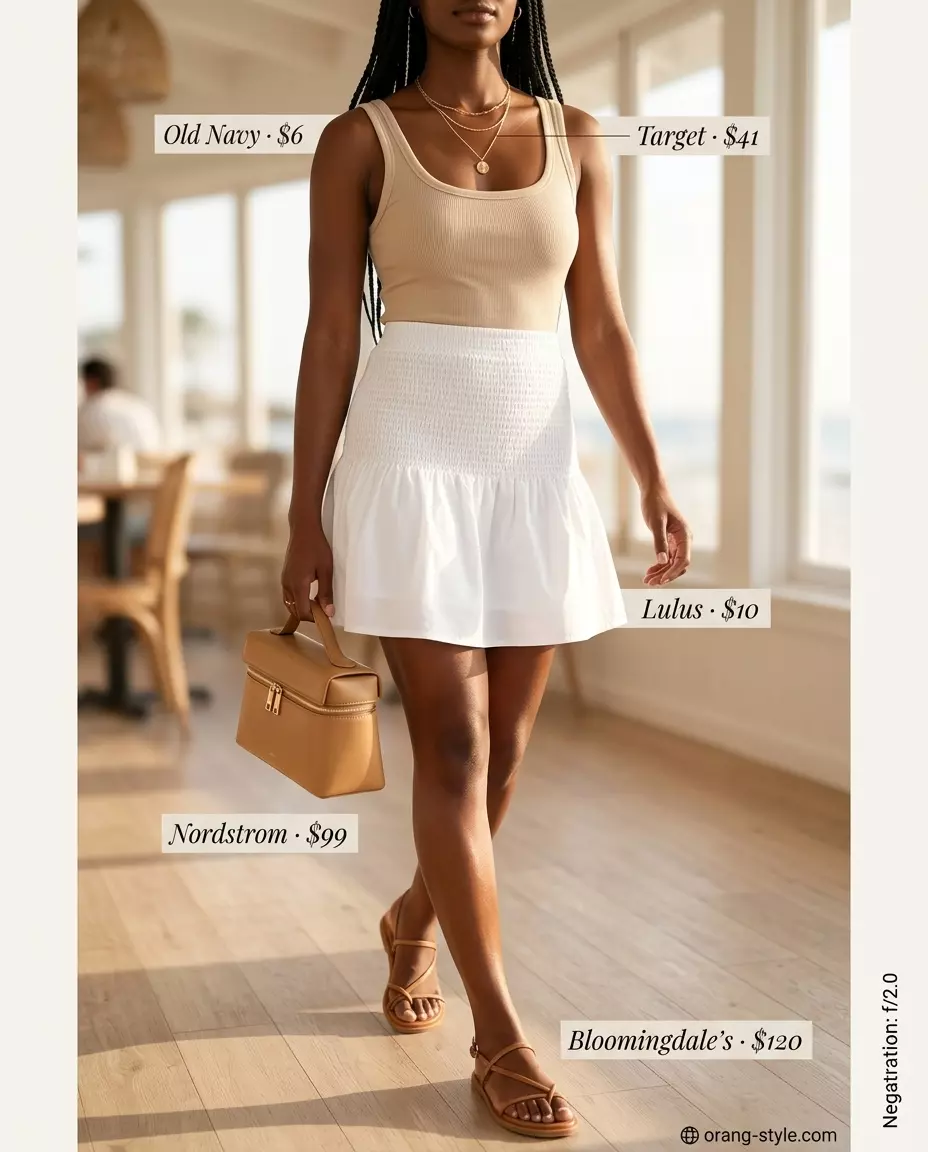 Summer Tulip Skirt Outfits for Women 2026: White tulip mini skirt, ribbed tank, flat sandals for coastal brunch.