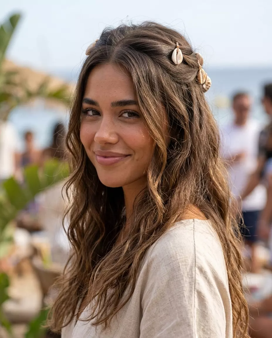 medium sun-kissed blonde half-up twist with shell clips for bohemian beach day