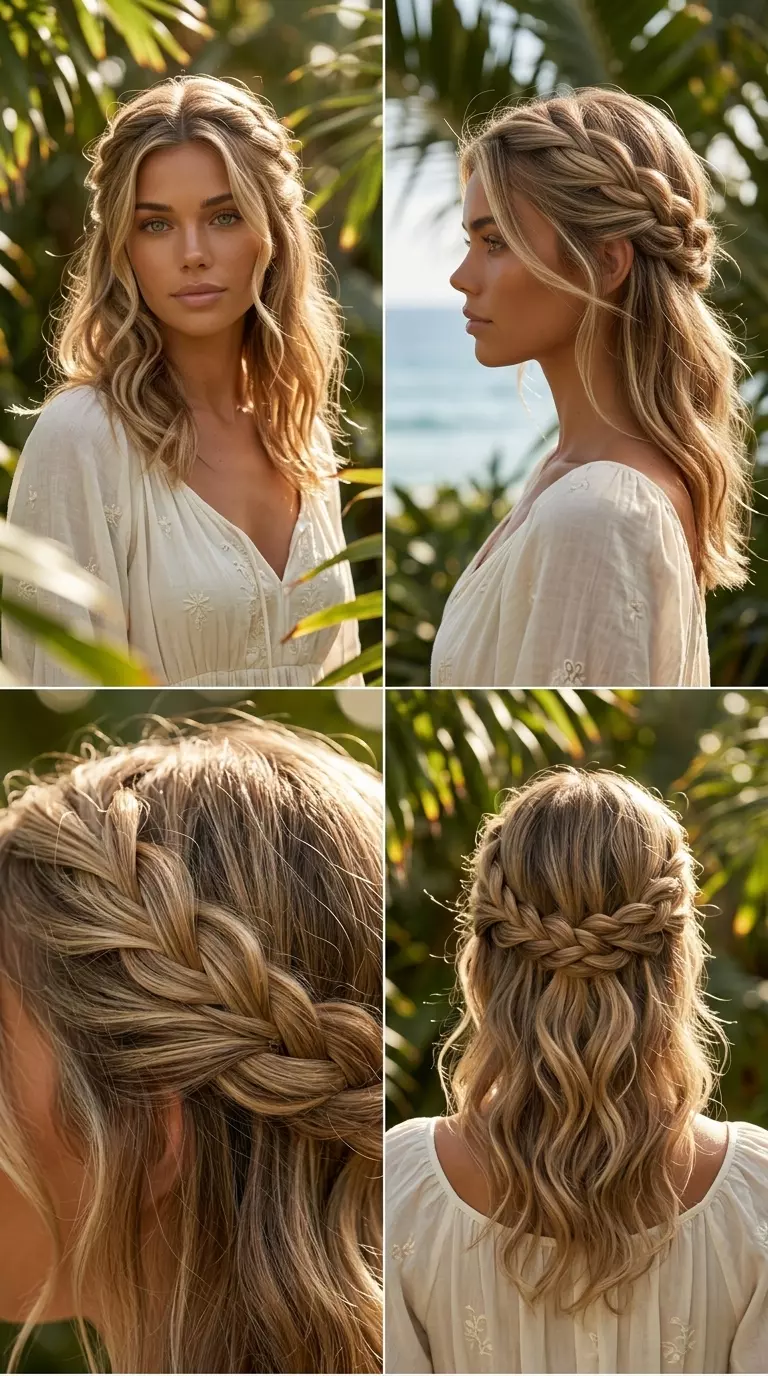 medium sun-kissed blonde twisted crown with face-framing tendrils for romantic beach day