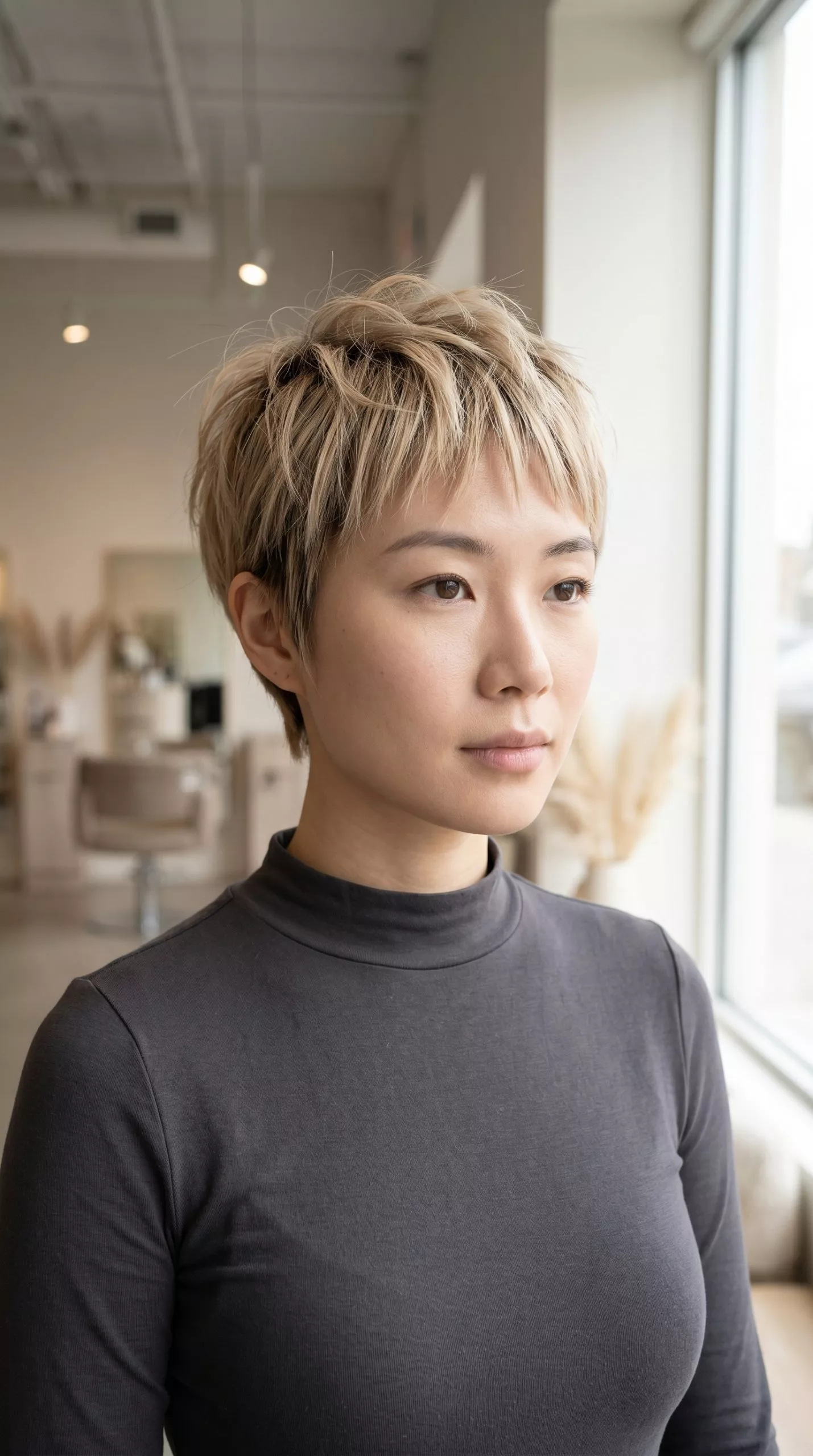 very short textured pixie haircut with sun-kissed blonde, root melt, and razored layers for summer 2026