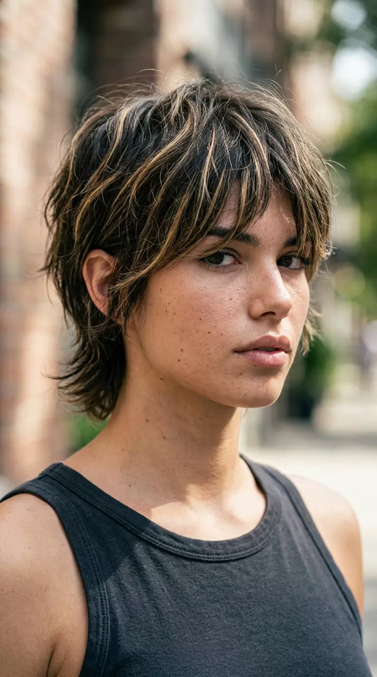 Sun-Kissed Shaggy Pixie 2026 very short shixie haircut in sun-kissed blonde with piecey fringe, textured layers — edgy & playful