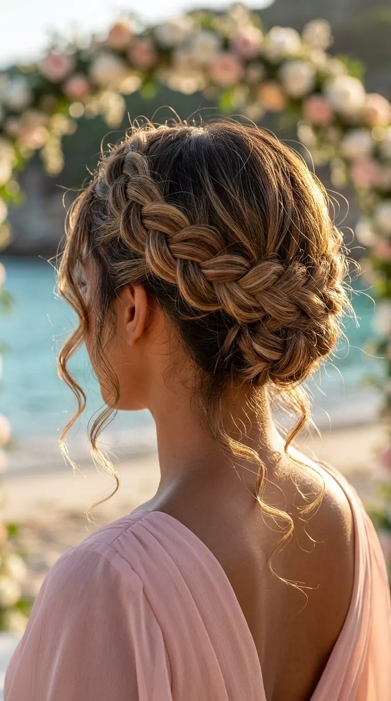 long sun-kissed brunette ethereal halo braid with face-framing tendrils for summer