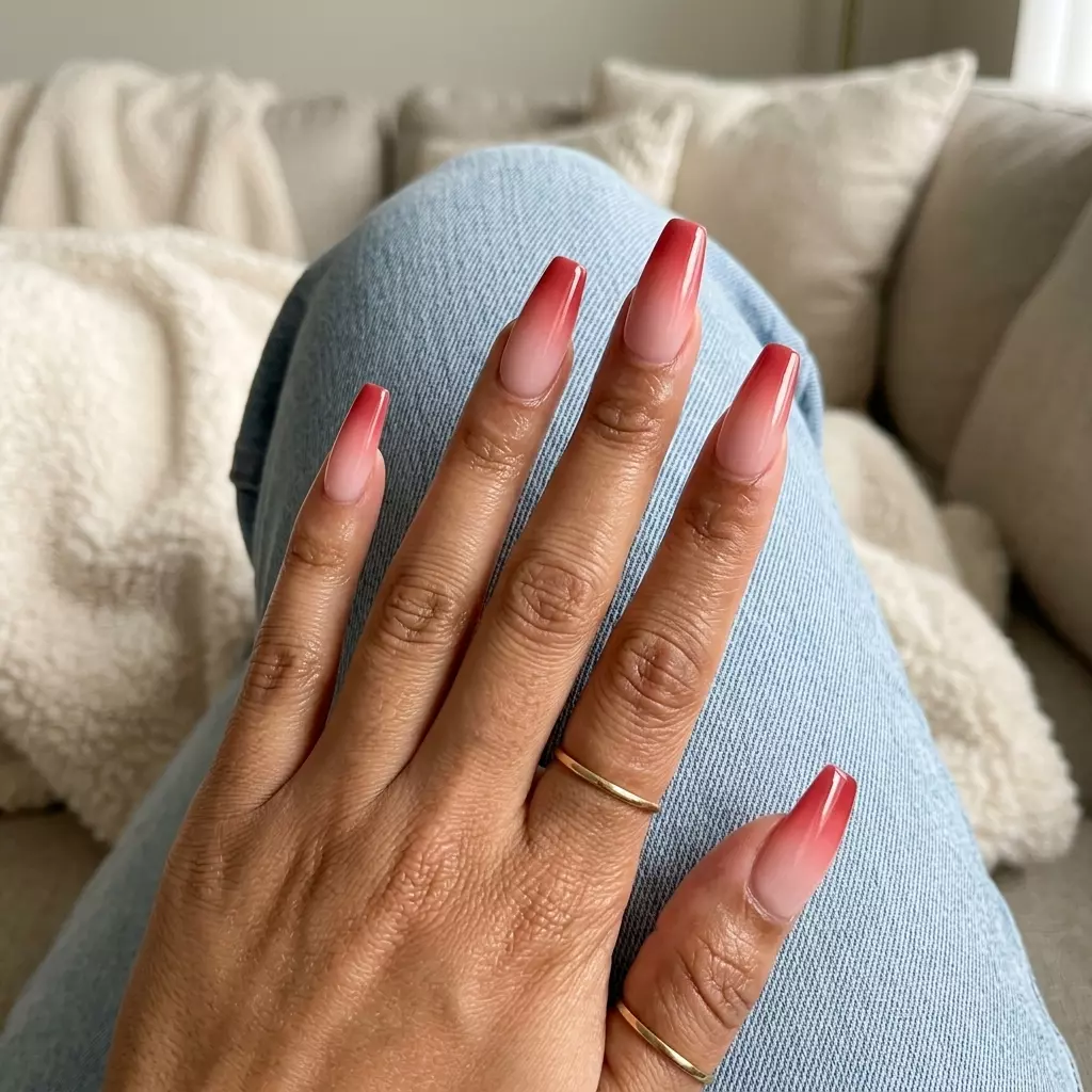 Sunset Strawberry Ombre nails: Romantic gradient from creamy pink to strawberry red.