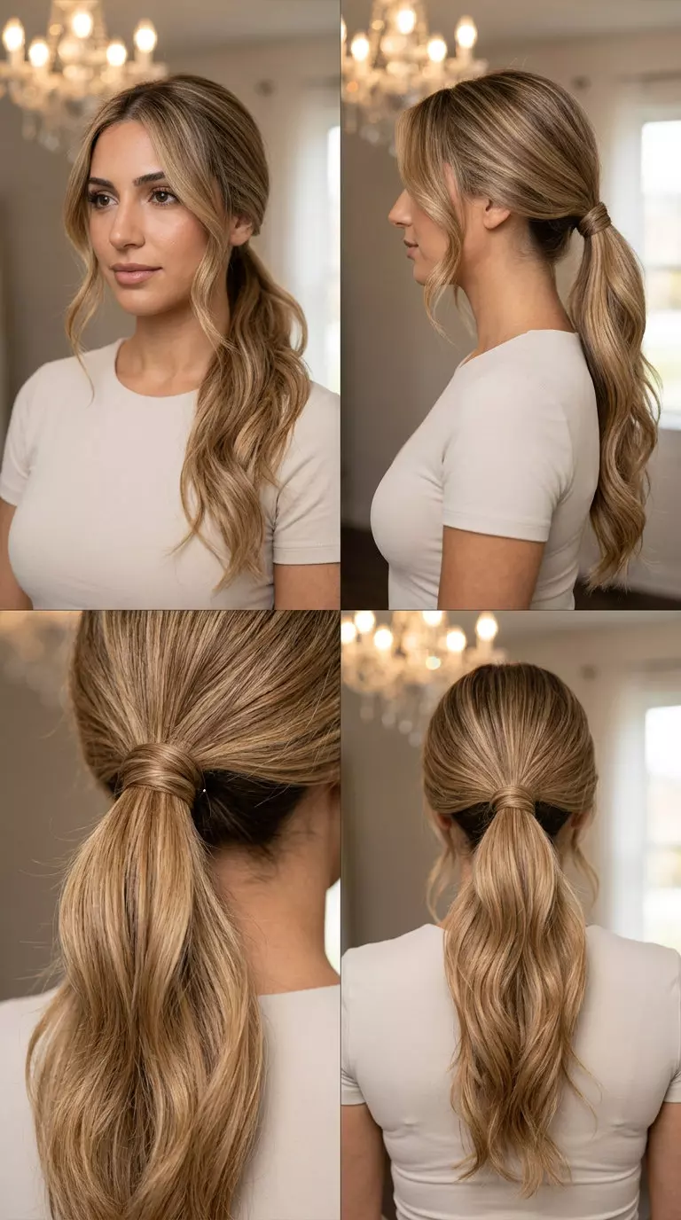 Glamorous Syrup Blonde Waterfall Ponytail 2026 long golden syrup blonde ponytail with honey babylights and face-framing layers for formal events