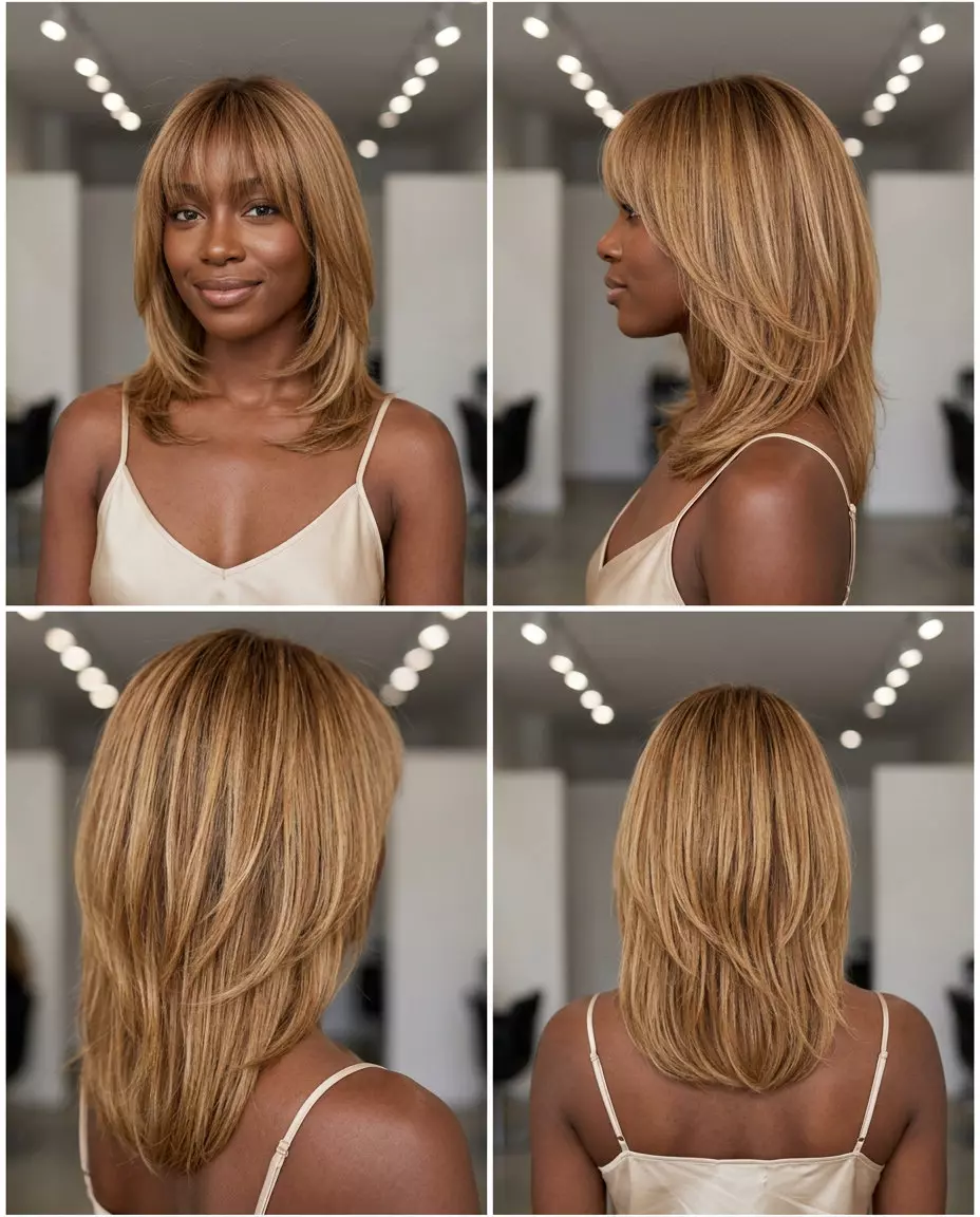 medium-length syrup blonde kitty cut with honey babylights and fringe for summer haircut 2026