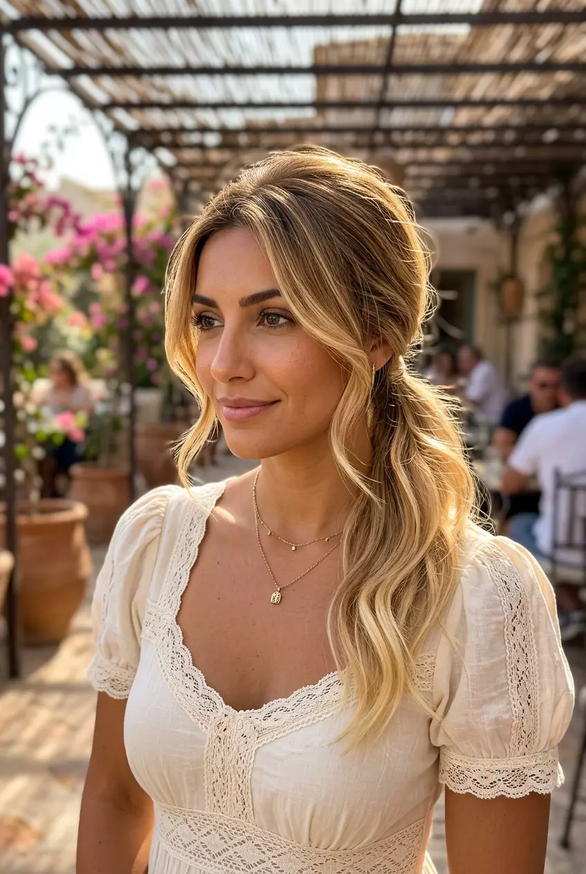 Soft Syrup Blonde Ponytail 2026 medium syrup blonde ponytail with golden honey babylights and soft face-framing for a romantic look