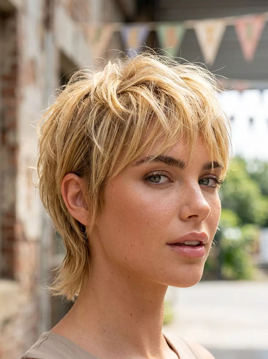 short pixie mullet haircut with syrup blonde and honey gold babylights for summer 2026