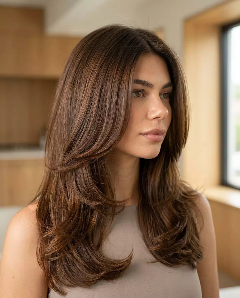 chest-length butterfly haircut in syrup brunette with caramel lowlights for elegant style