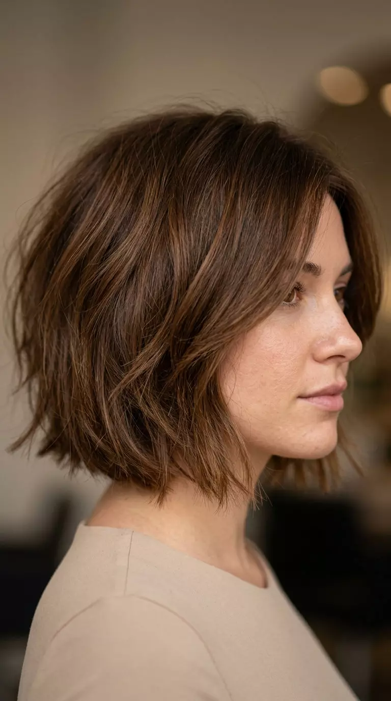 chin-length syrup brunette italian bob with internal layers and a deep side part for chic style