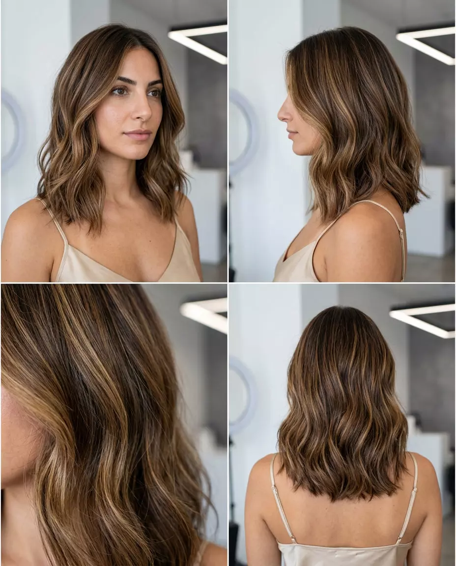 long syrup brunette balayage with honey highlights and golden lowlights for summer