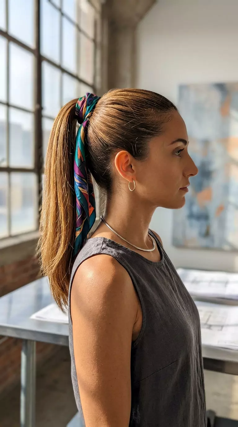 Sleek Long Ponytail Hairstyle 2026 long blunt cut sleek ponytail with syrup brunette hair, internal layering, no bangs — polished modern