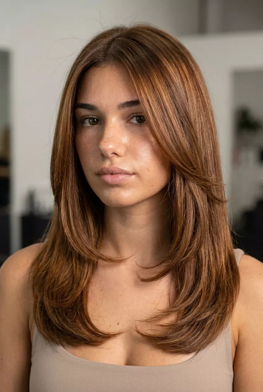 medium-length butterfly haircut in syrup brunette with caramel lowlights, sleek layers, no bangs for professional chic