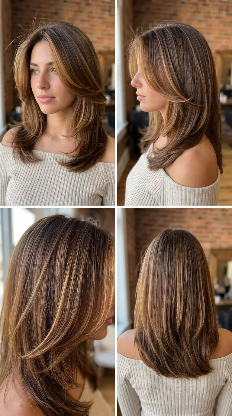Tousled Italian Curve Midi 2026 mid-length syrup brunette haircut with caramel face-frame and curtain bangs for effortless chic