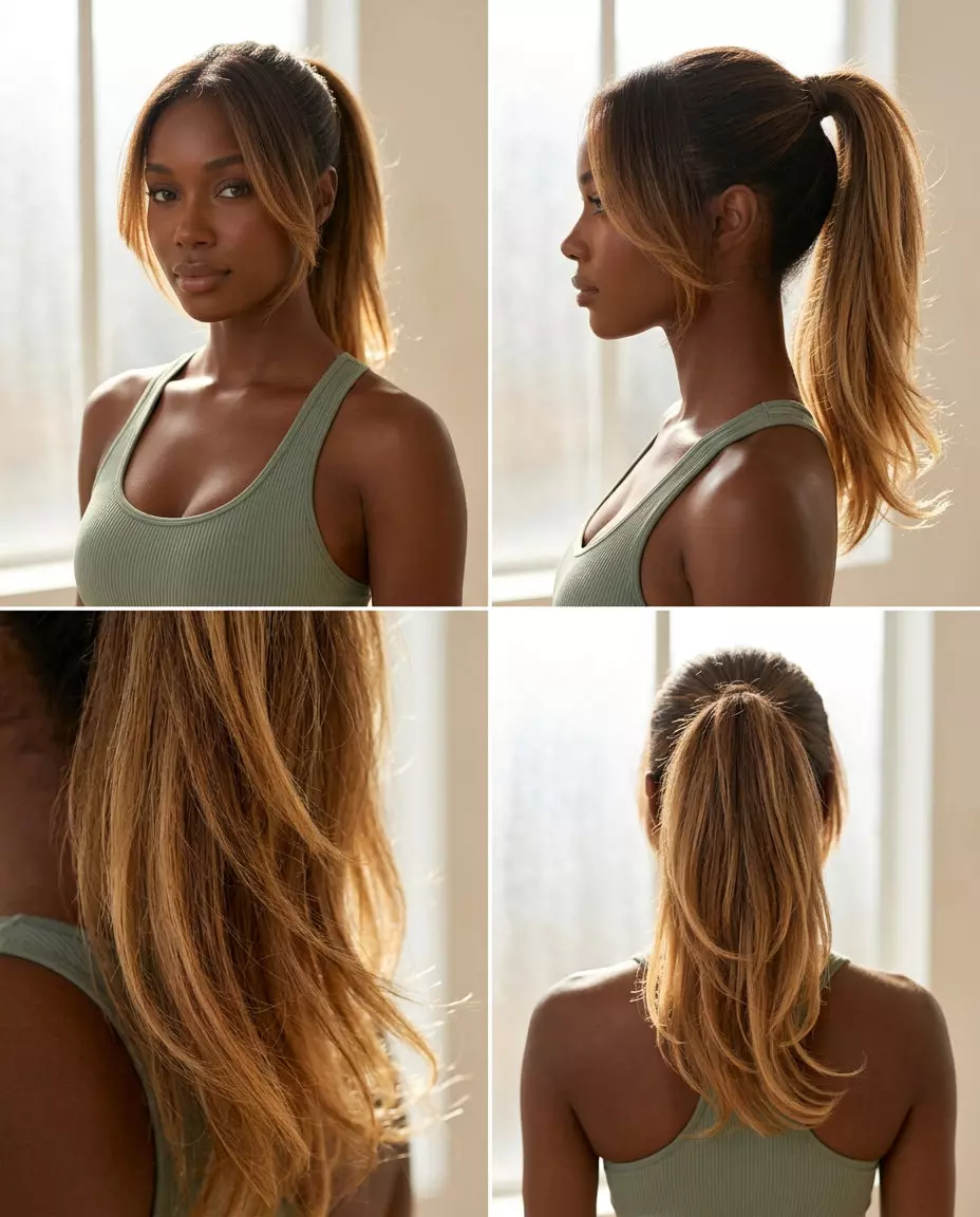 Kitty Cut Ponytail Hairstyle 2026 collarbone length Kitty Cut textured ponytail with syrup brunette ombre, face-framing layers — effortless playful