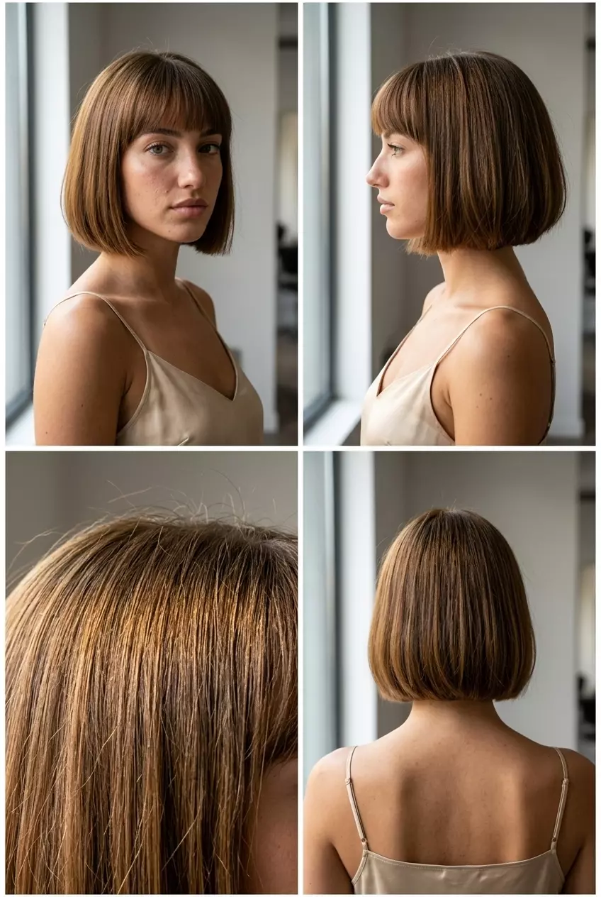 short blunt bob haircut in syrup brunette with clean perimeter for professional look