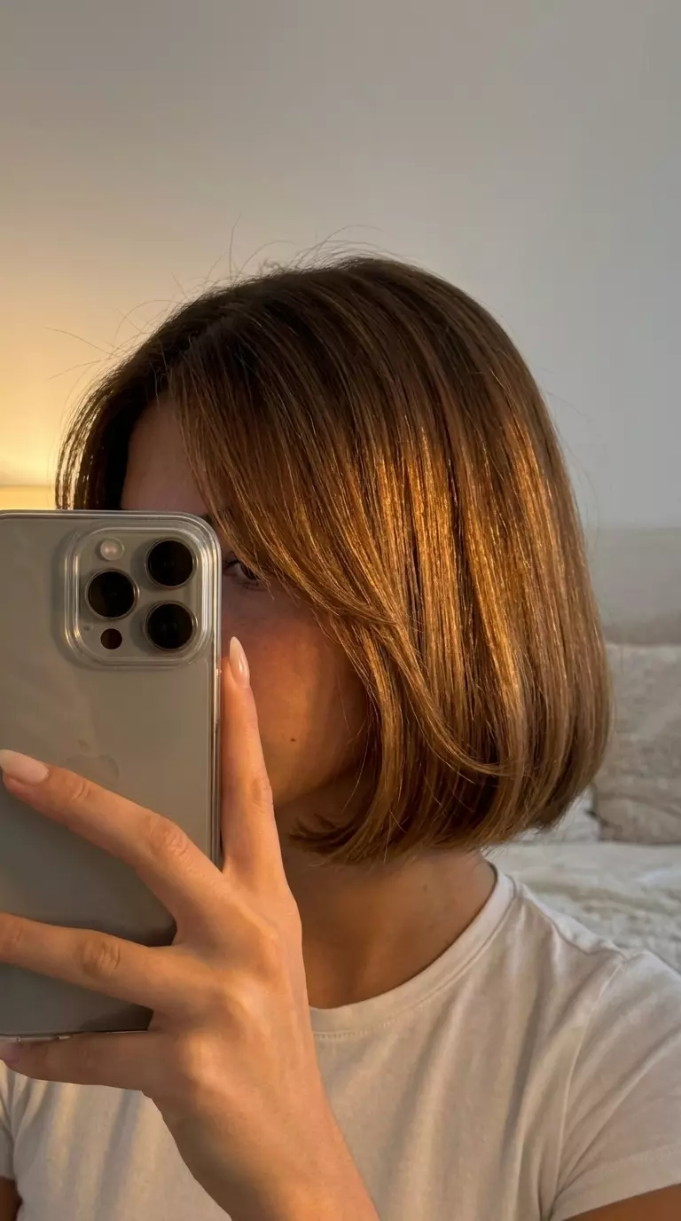 short rounded bob haircut in syrup brunette with caramel ribbons for retro look