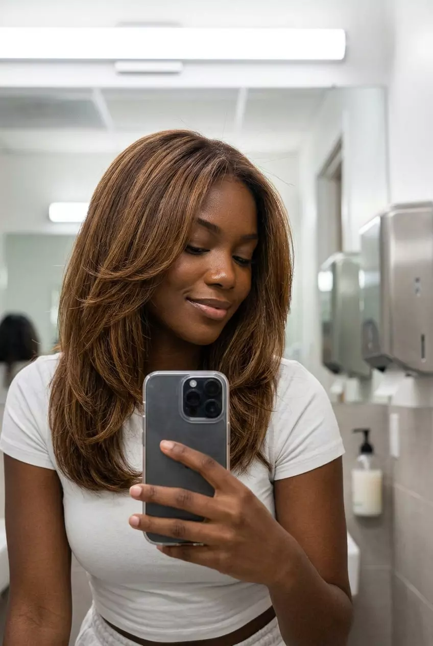 Polished Syrup Brunette Midi Haircut 2026 shoulder-length syrup brunette haircut with face-framing pieces and golden undertones