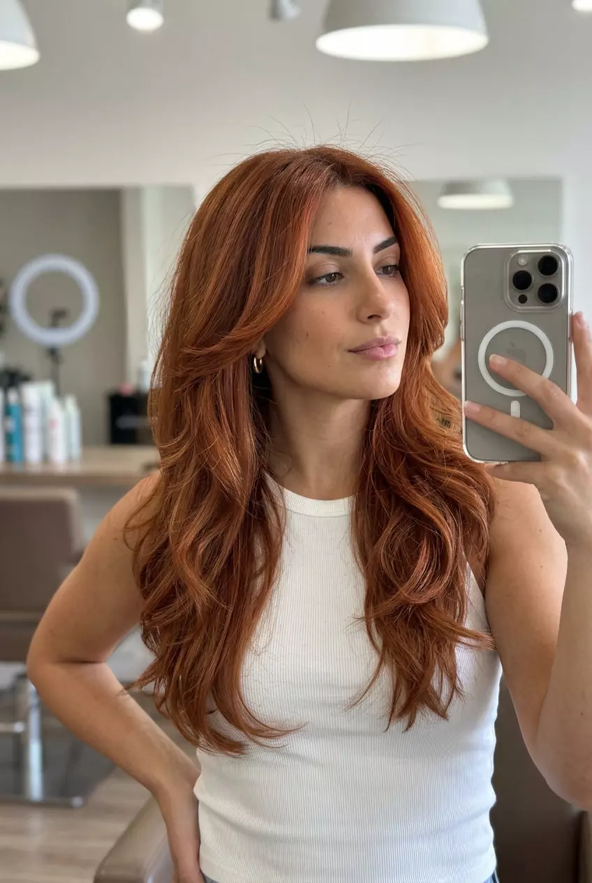 long layered haircut with terracotta copper balayage and auburn lowlights for summer 2026
