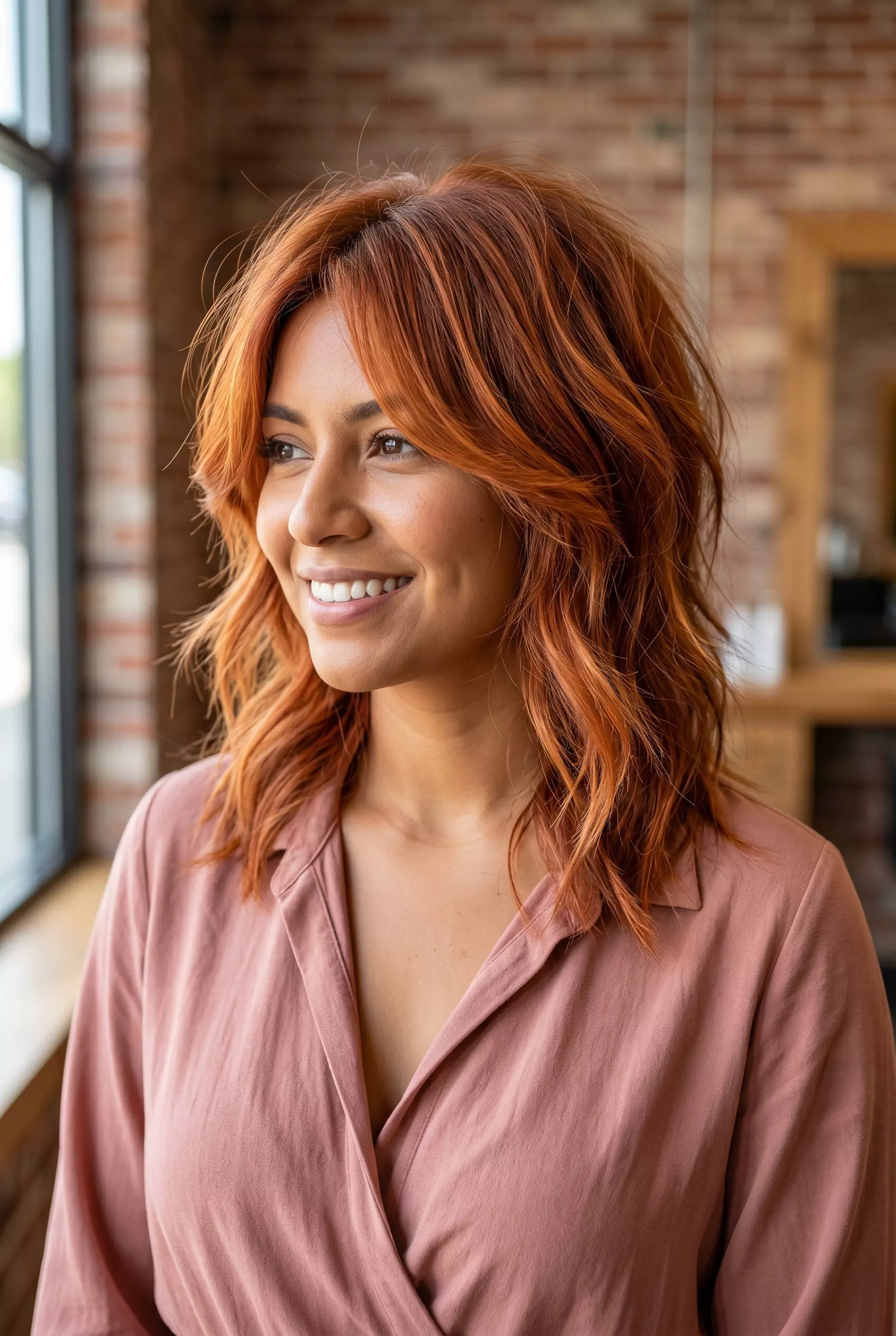 Terracotta Copper Shag 2026: Boho Waves long terracotta copper shag with sun-faded orange highlights, textured layers, no bangs — playful boho style