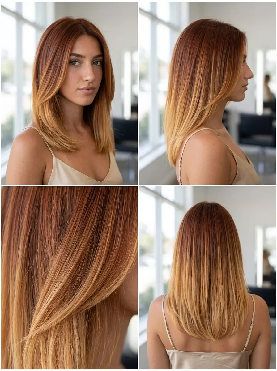 long layered ombre terracotta red with honey blonde ends, diffused blend, N/A &mdash; bohemian beach vacation
