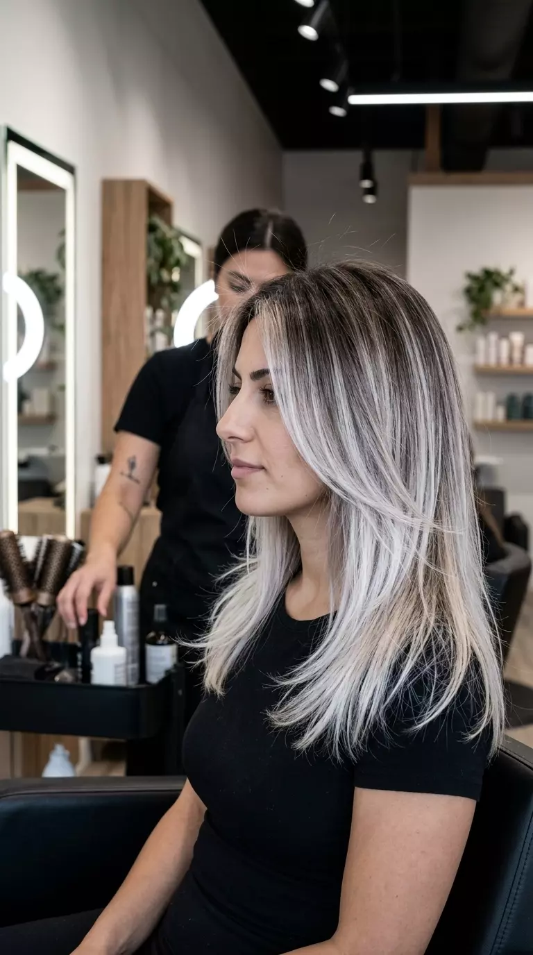 long textured pixie haircut with toasted coconut blonde, root smudge, bold statement