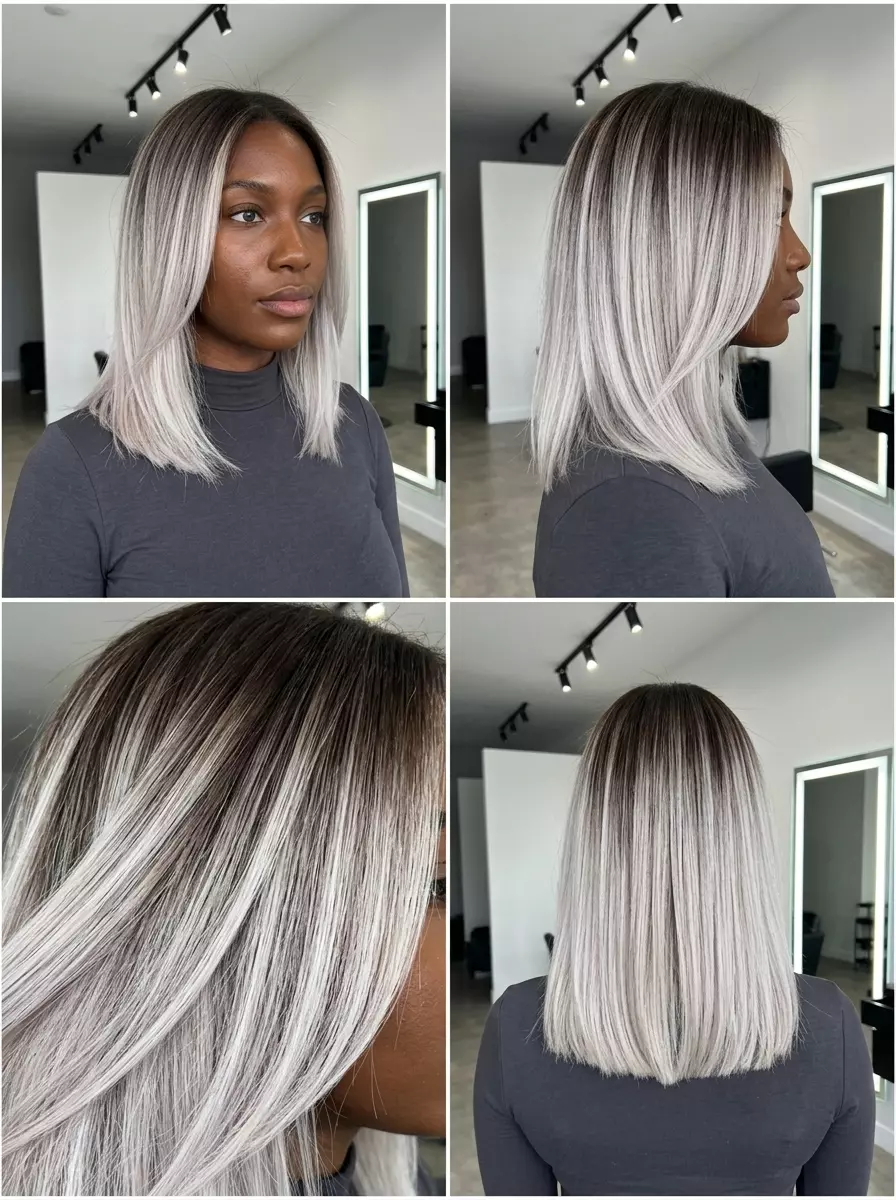 long toasty blonde ombr&eacute; with deep brunette roots and cool white ends, blunt cut, no fringe &mdash; edgy festival look