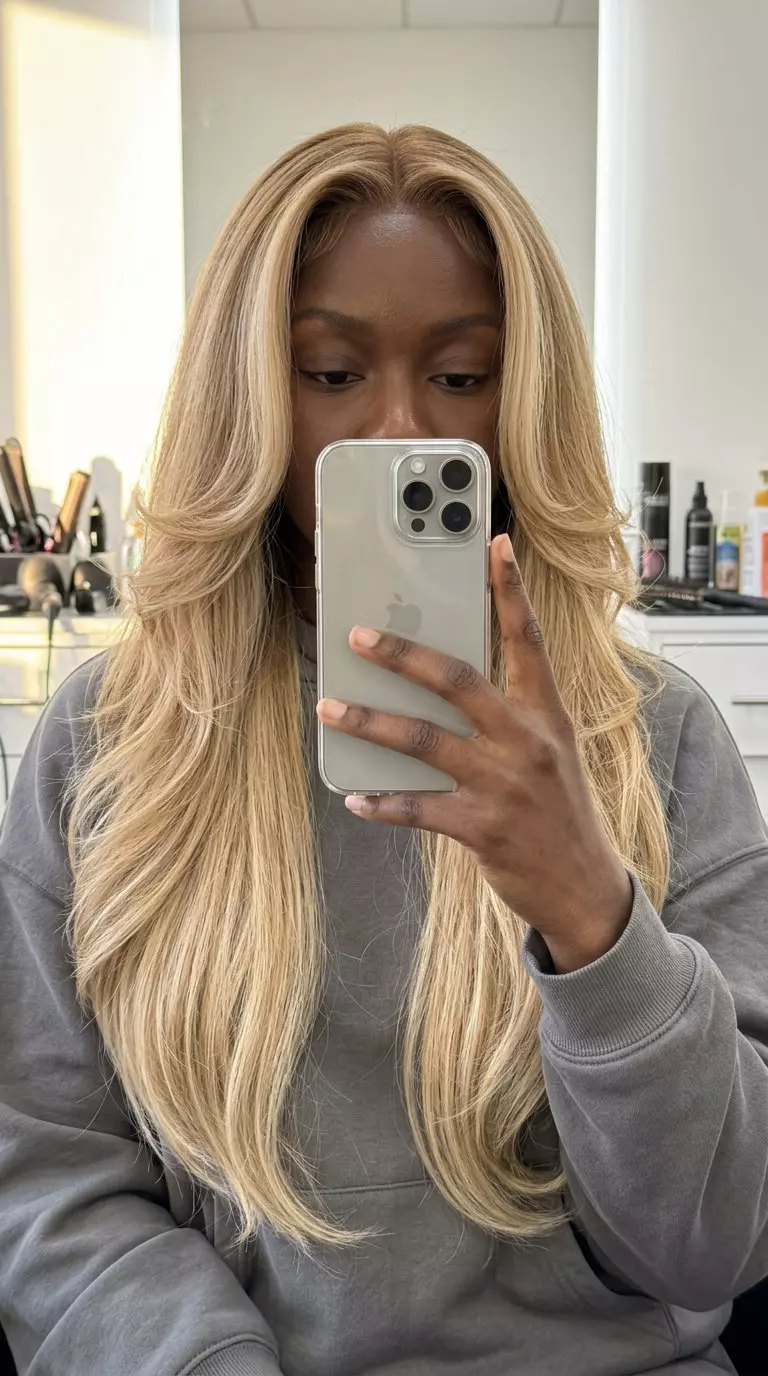 extra-long toasted vanilla blonde with cascading layers and face-framing pieces for formal events