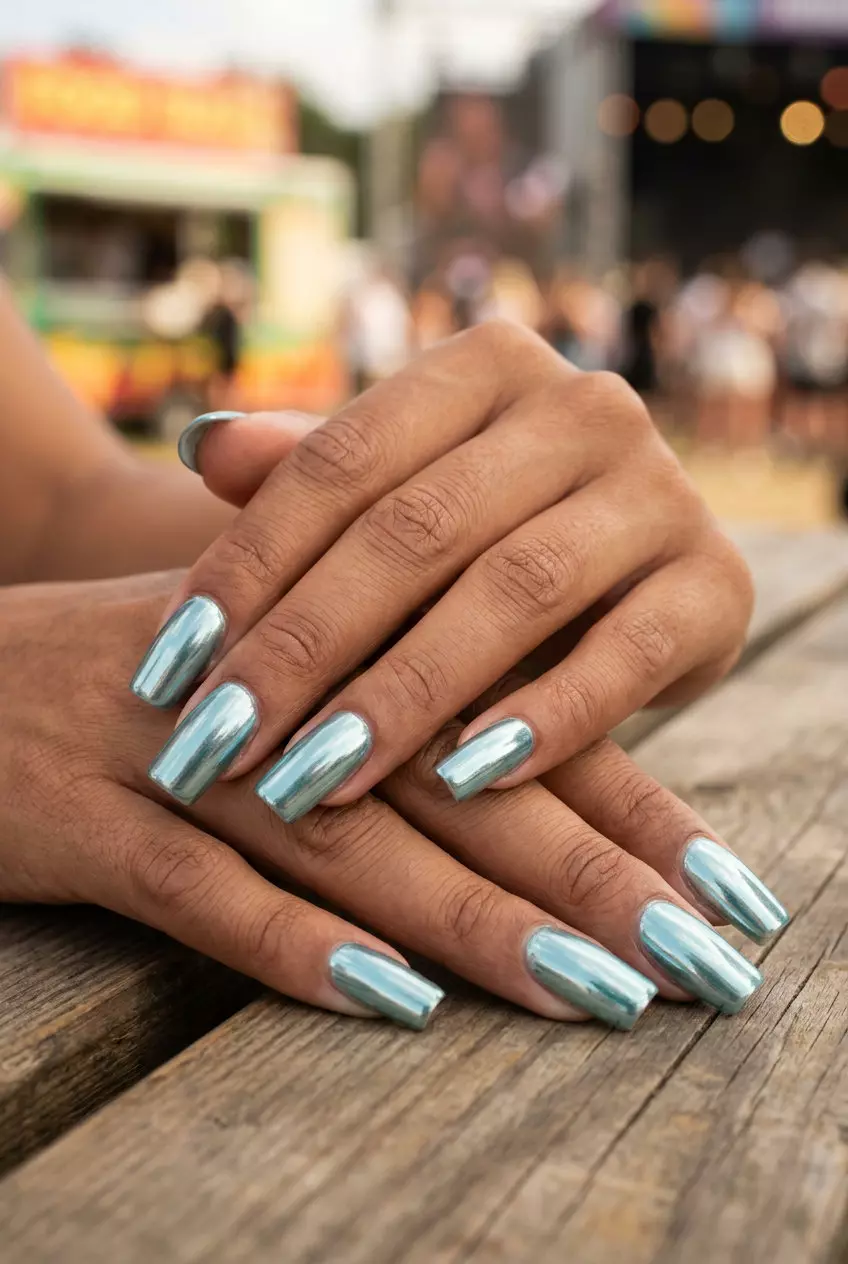 Aqua Metallic Flare Nails 2026: Futuristic Edge Aqua metallic flare nails for trending summer nails 2026, perfect for edgy festivals and night outs.