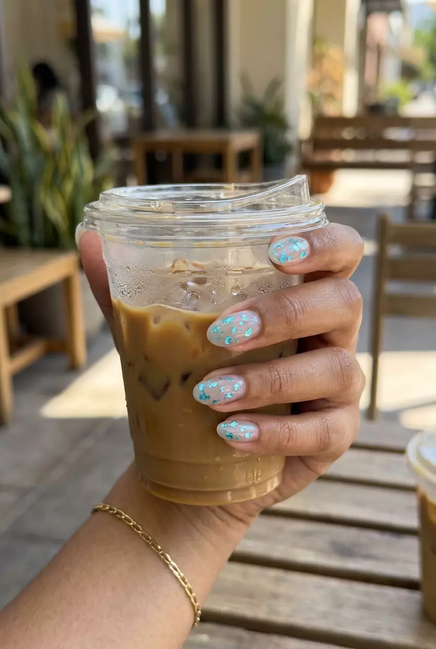 Aqua Foil Oval Nails 2026: Bohemian Shimmer Aqua shimmer foil oval nails for trending summer nails 2026, perfect for vacations and beach days.