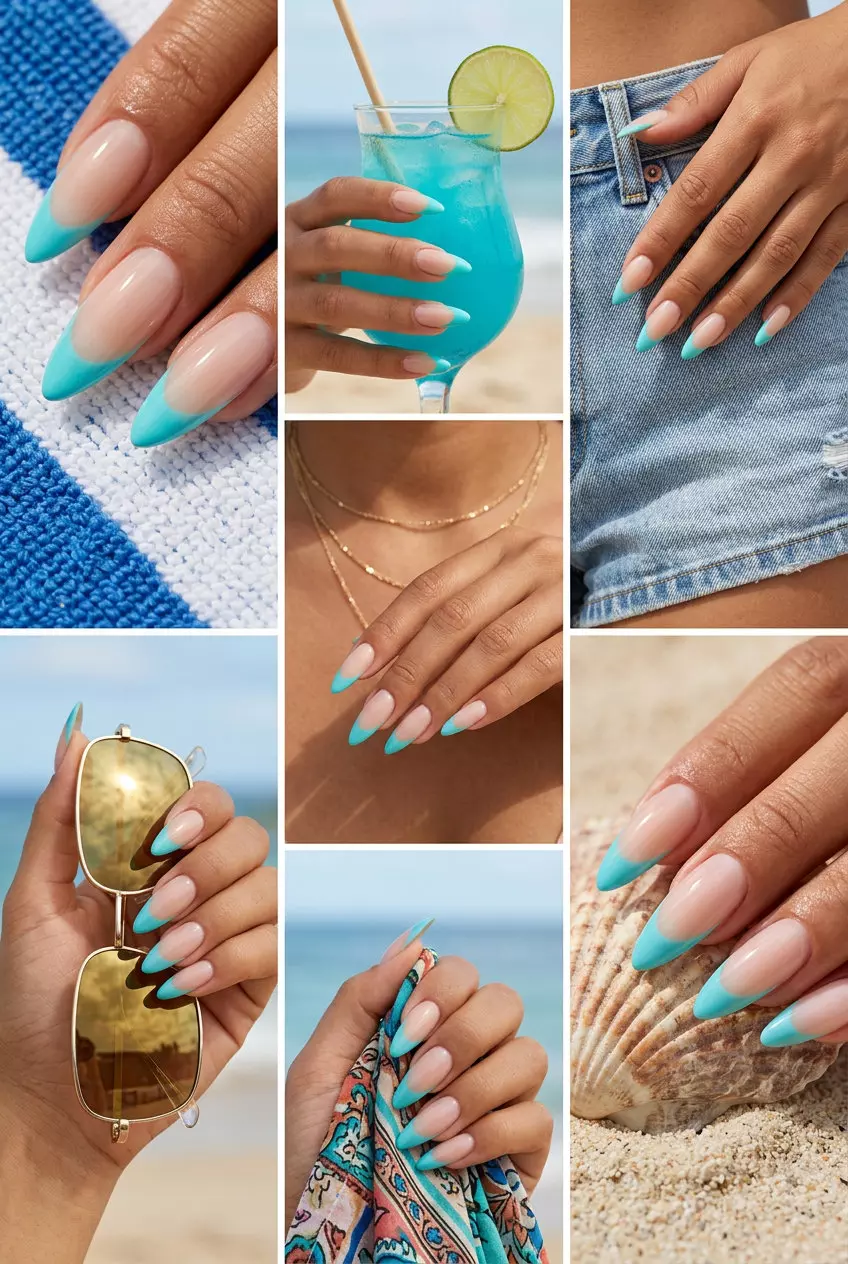 Aqua French Stiletto Nails 2026: Vacation Chic Vibrant aqua French stiletto nails for trending summer nails 2026, perfect for vacation or beach day.
