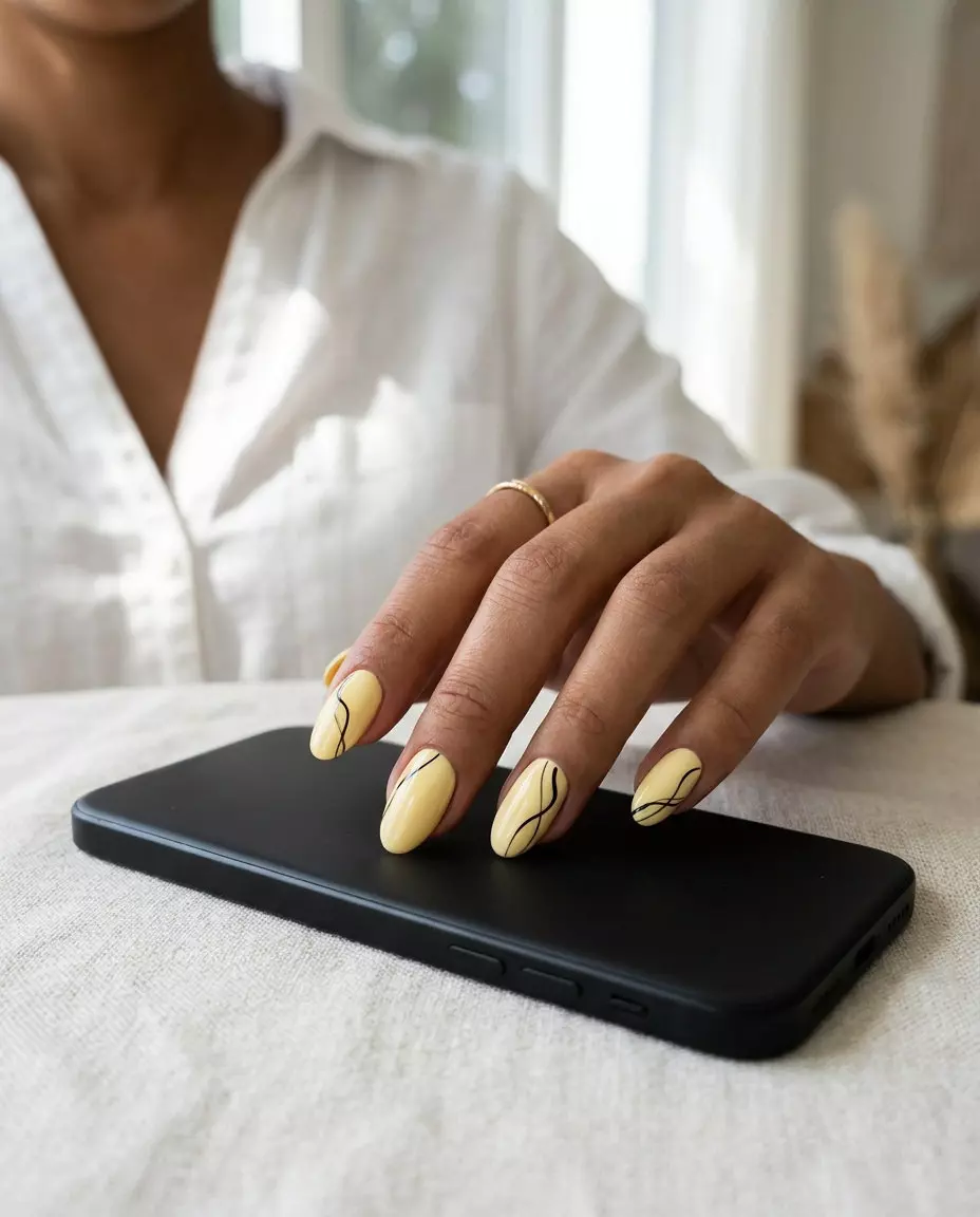 Butter Yellow Lines Oval Nails 2026: Chic Work Style Butter Yellow Lines Oval nails with black accents for trending summer nails 2026. Minimalist work-friendly outfit.