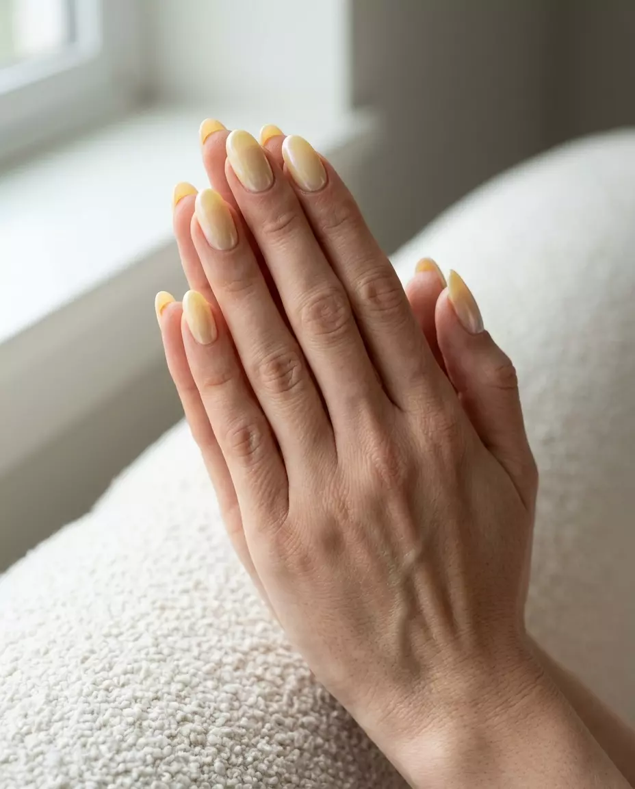 Butter Yellow Pearlescent Nails 2026: Sunny Chic Butter yellow pearlescent oval nails for trending summer nails 2026, perfect for date nights and summer parties.