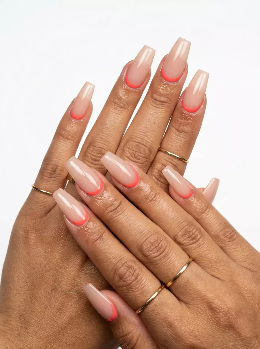 Coral Pop Reverse French Nails 2026: Vacation Glam Coral Pop Reverse French nails: Bold, glamorous summer nails 2026 for vacations & parties.