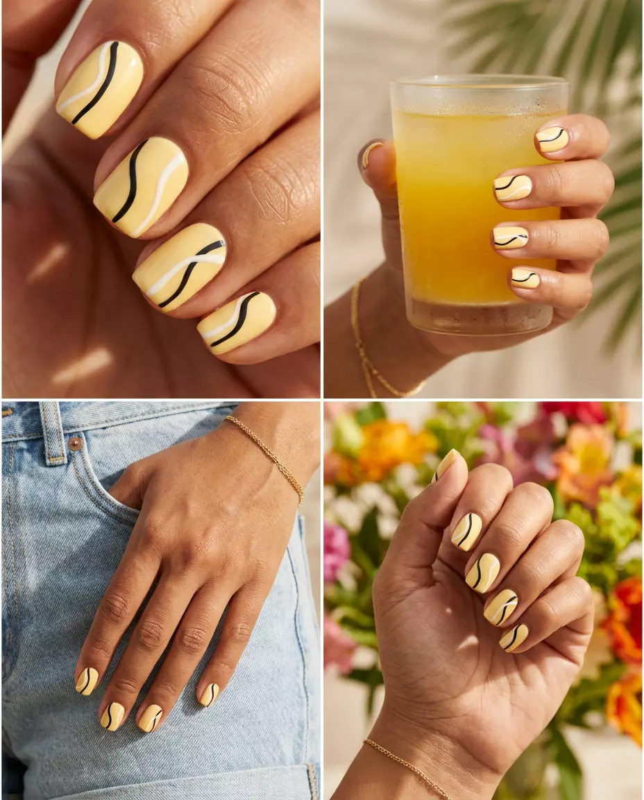 Graphic Yellow Lines Squoval Nails 2026: Artistic Style Graphic Yellow Lines Squoval nails: Edgy, modern summer nails 2026 for casual wear & art visits.