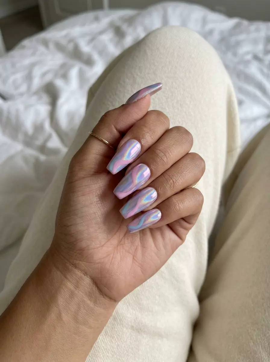 Holographic Swirl Coffin Nails 2026: Futuristic Play Holographic pastel swirls coffin nails for trending summer nails 2026, ideal for festivals and glamorous nights out.