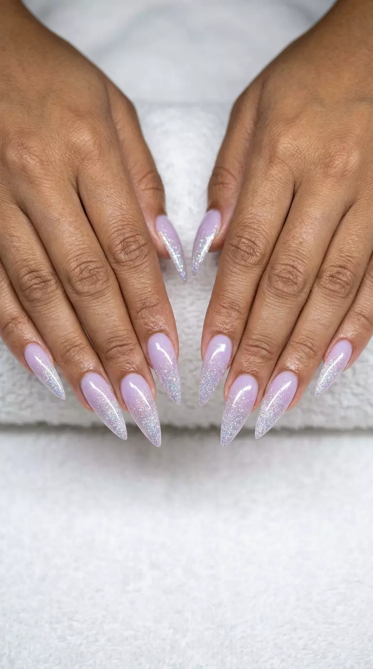 Sparkling Lavender Ombre Stiletto Nails 2026: Party Glam Sparkling Lavender Ombre Stiletto nails: Glamorous, bold summer nails 2026 for parties & festivals.